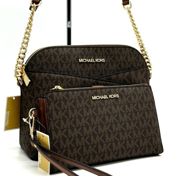 MICHAEL KORS Jet Set Travel Medium Dome Crossbody Bag & Double Zip Wallet Brown - Picture 1 of 13